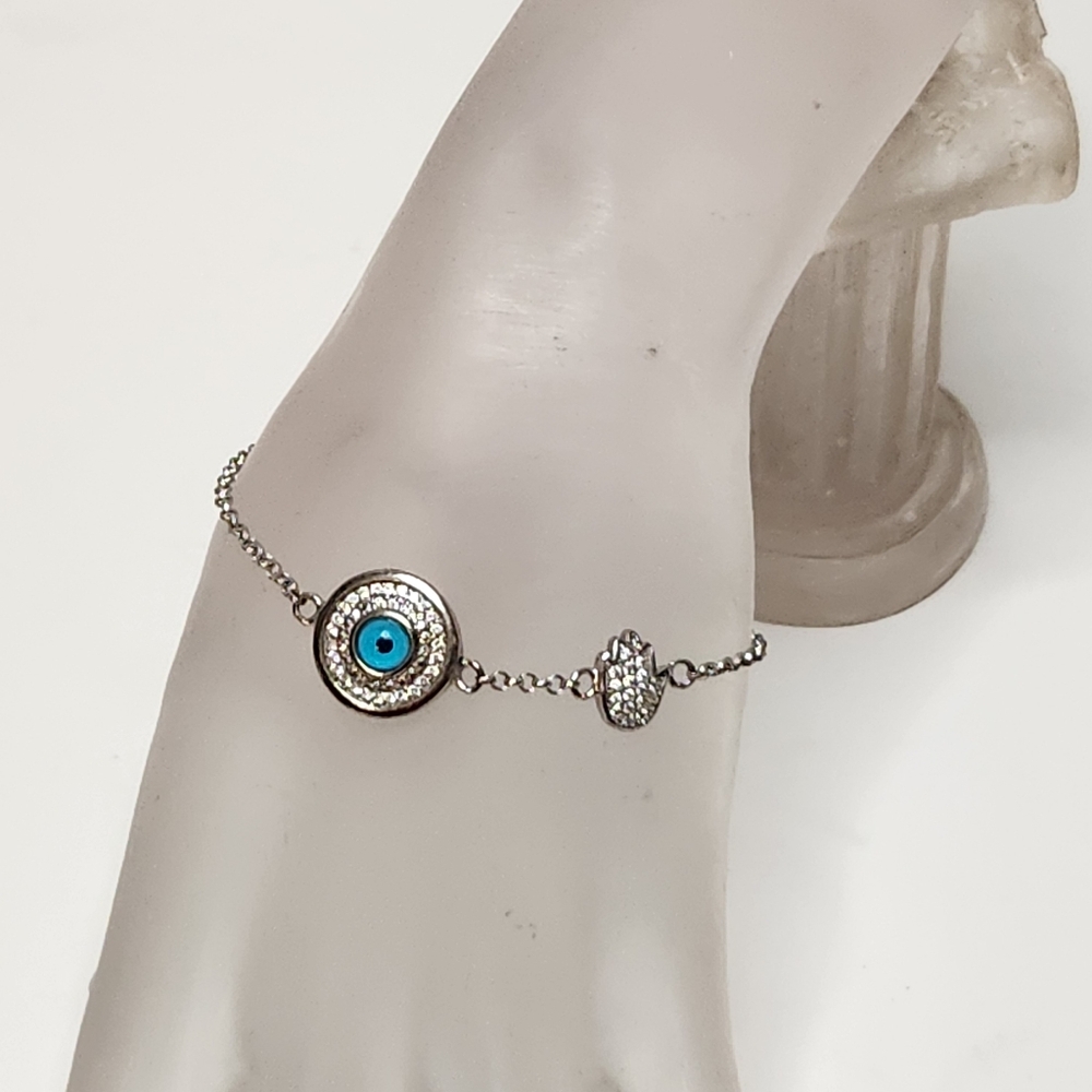 evil eye hamas hand 925 sterling silver bracelet pave rhinestone protection